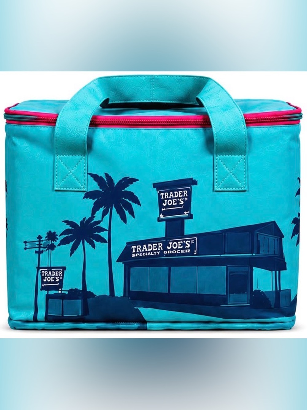 Trader Joe's mini insulated Teal Tote Bag with Palm Tree Graphic